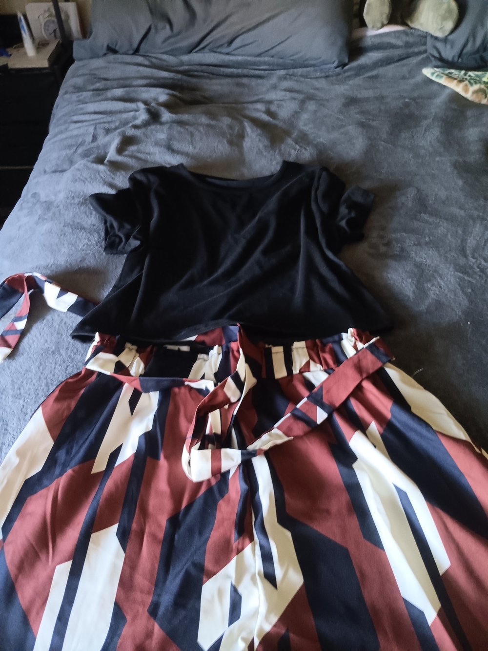Black Top with Geometric Rust, Black & Cream 2pc Shorts Set